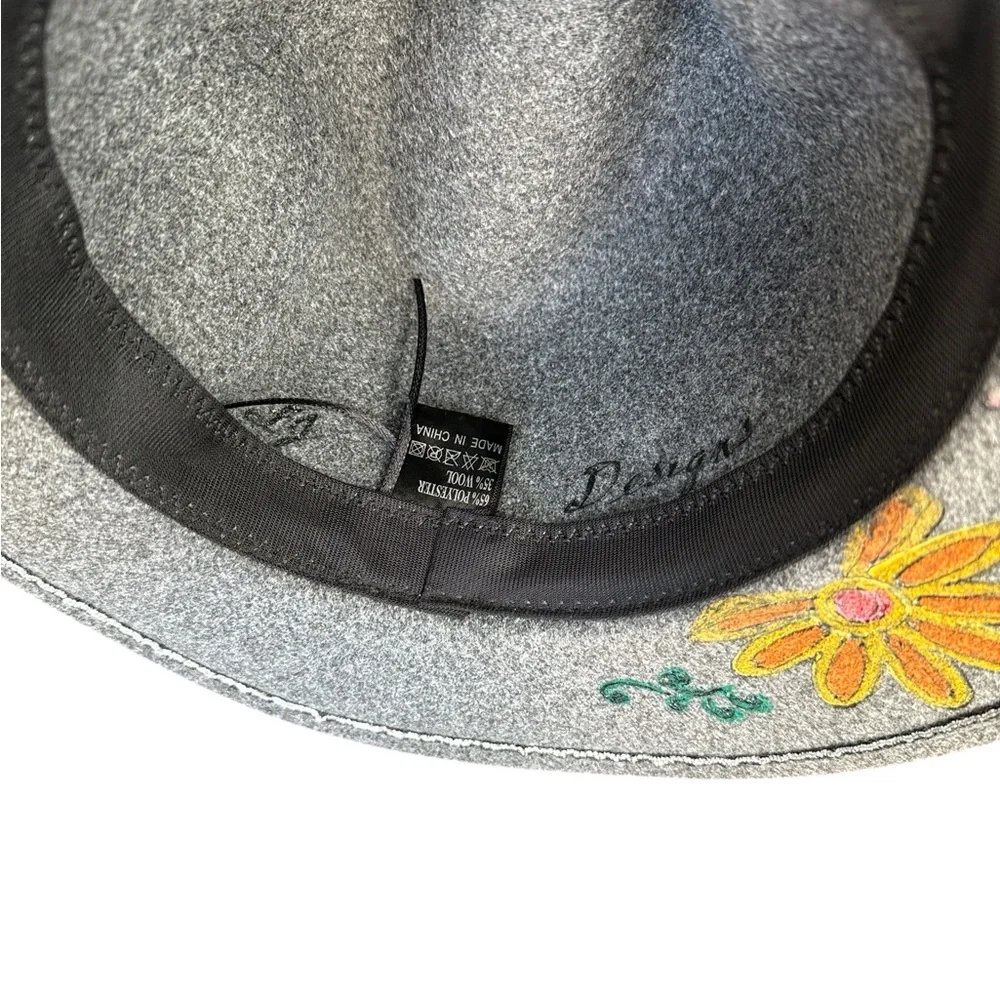 Hand-Painted Wool Fedora Hat | Floral & Bee Design | Artist Signed | NWOT